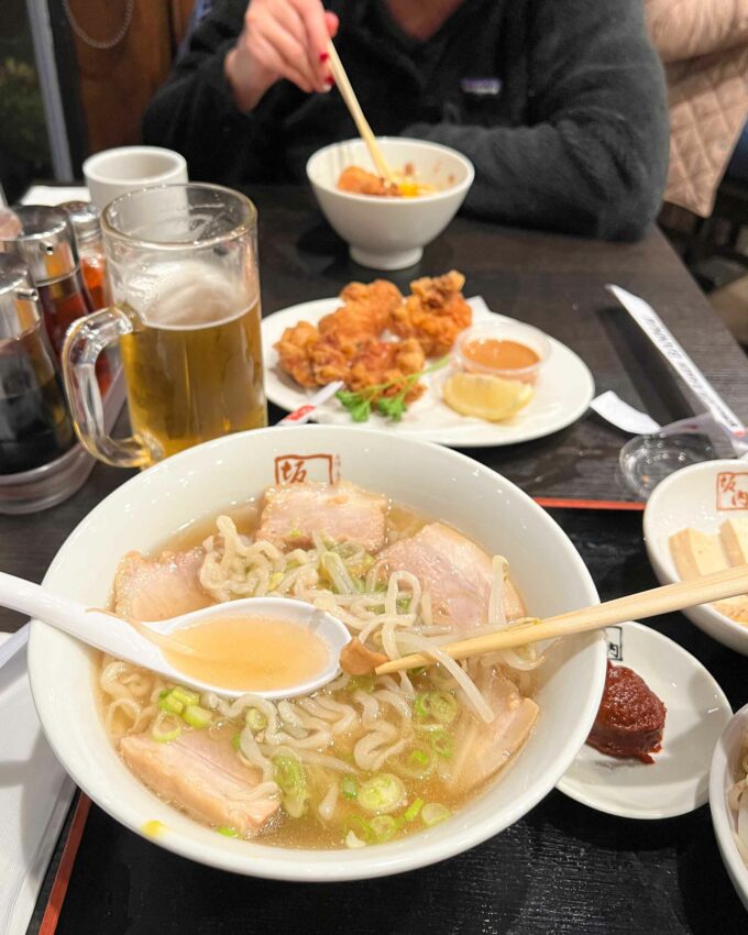 Kitakata bowl of ramen, karaage, and cold beer