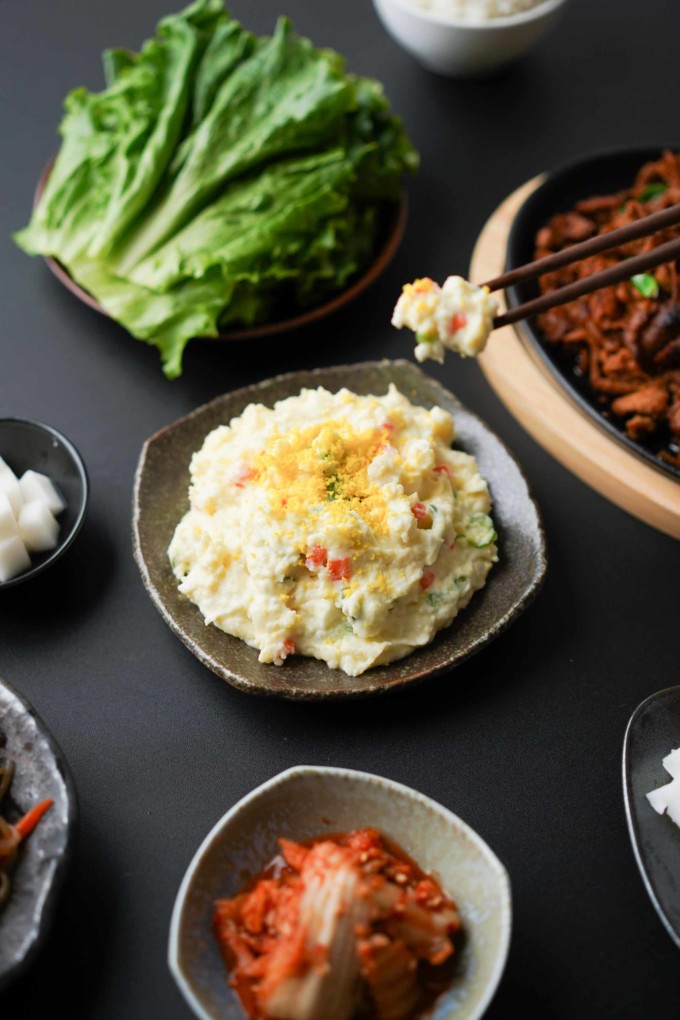 Korean potato salad on dinner table
