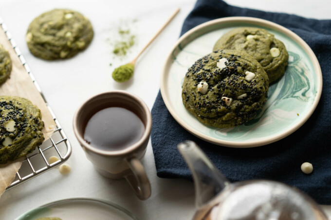 matcha cookies w white chocolate chips and sesame seeds
