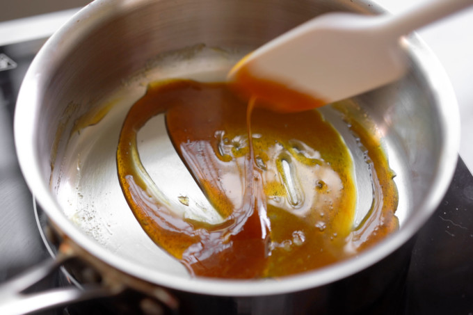 stirring the caramel sauce