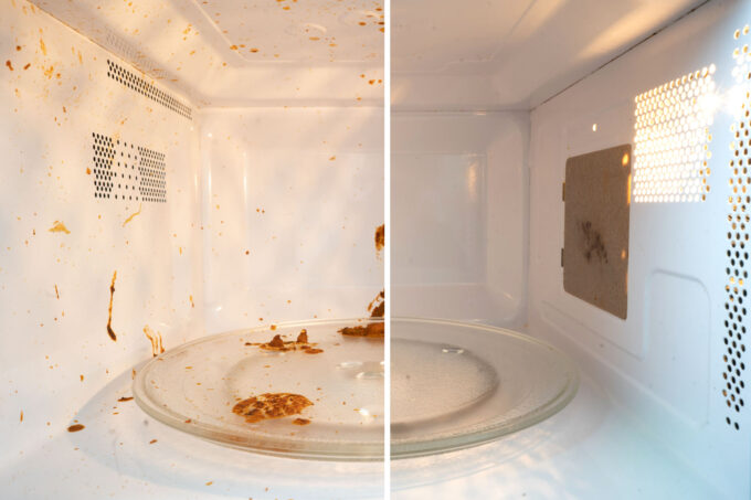 before and after of cleaning a dirty microwave