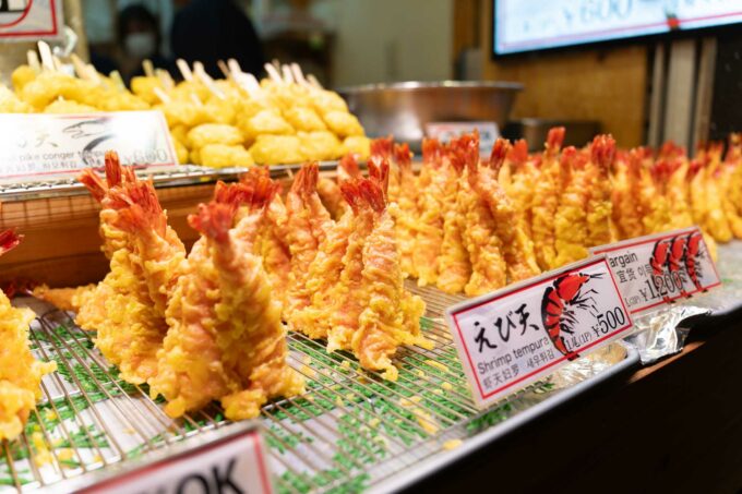 tempura shrimp at Nishiki Market