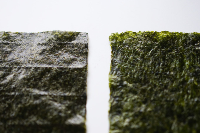 closeup of two kinds of seaweed / nori sheets