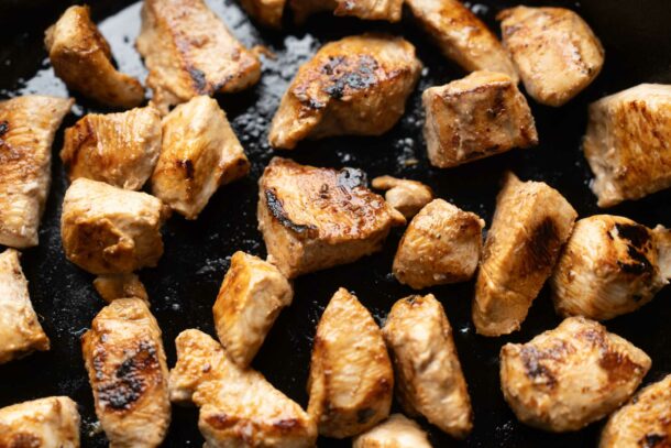 chicken bites in cast iron pan