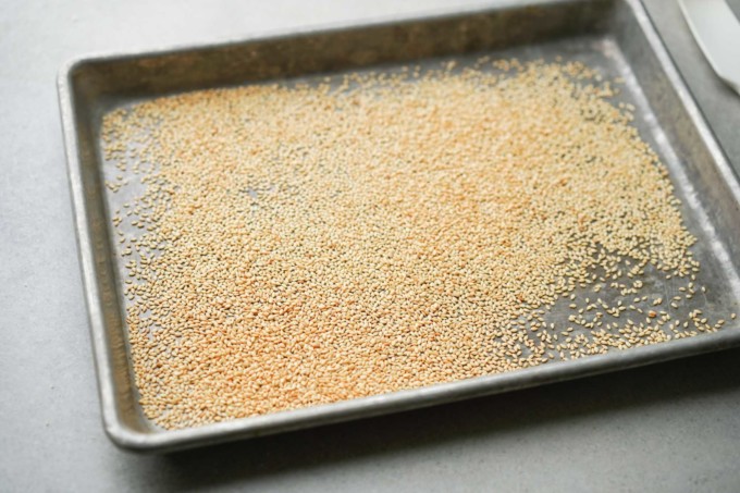 sesame seeds on baking sheet