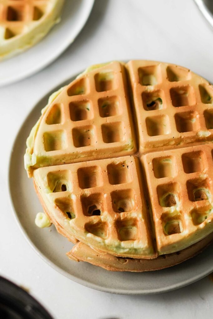 very detailed closeup of a crispy pandan waffle