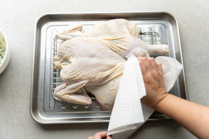 drying chicken with paper towel