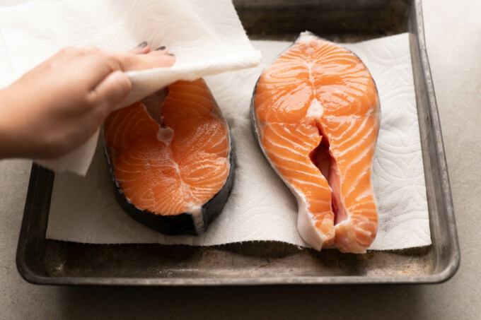 patting salmon dry with paper towel