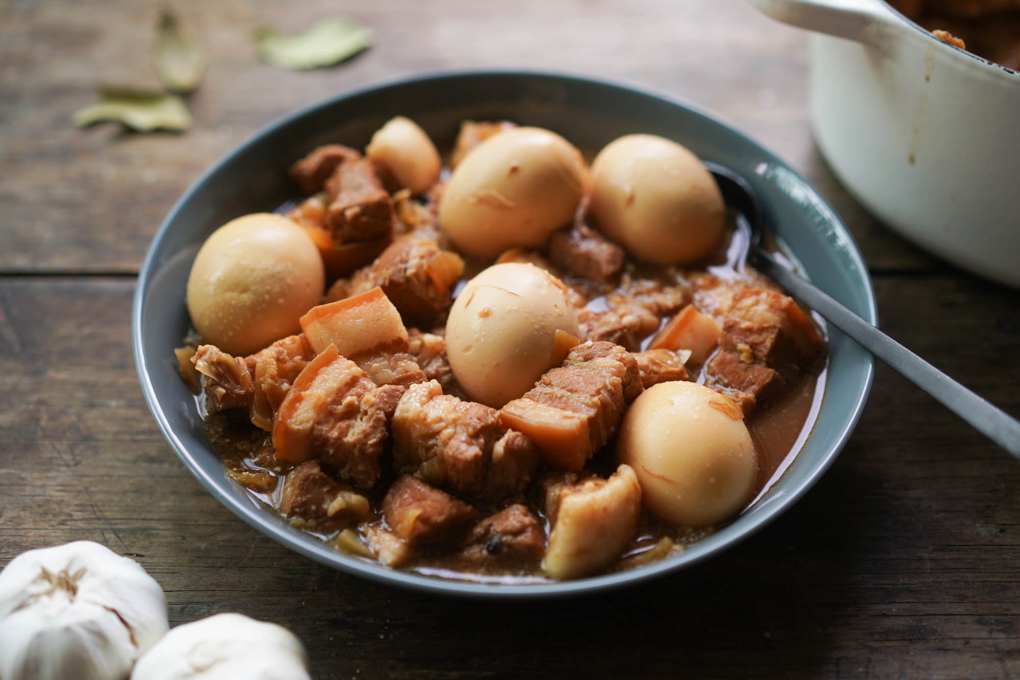 large plate of pork adobo with eggs