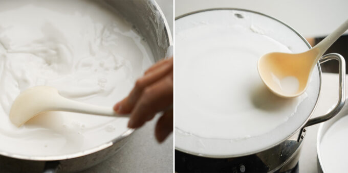 pouring banh cuon batter