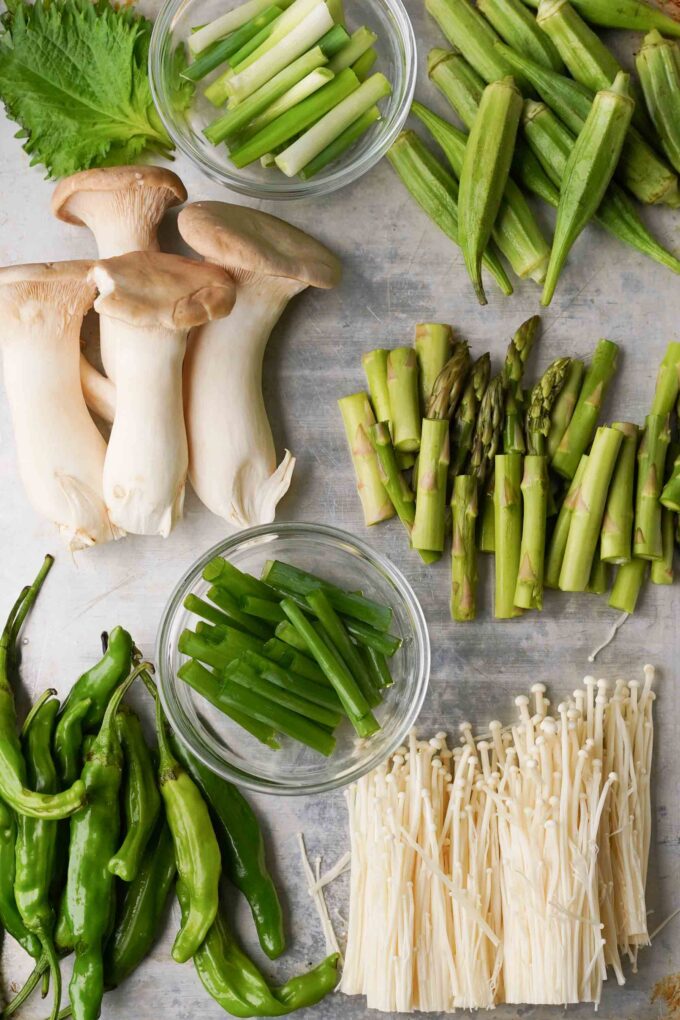 veggies and mushrooms cut for yakitori