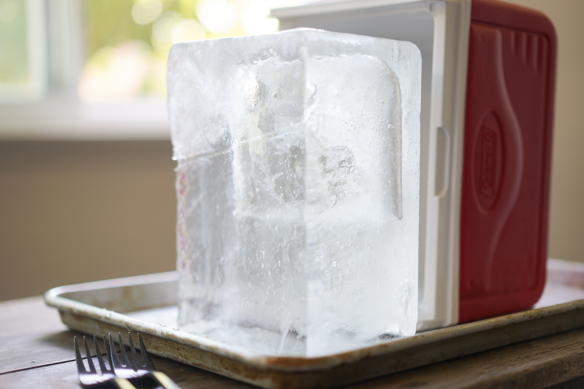removing ice block from cooler after thawing