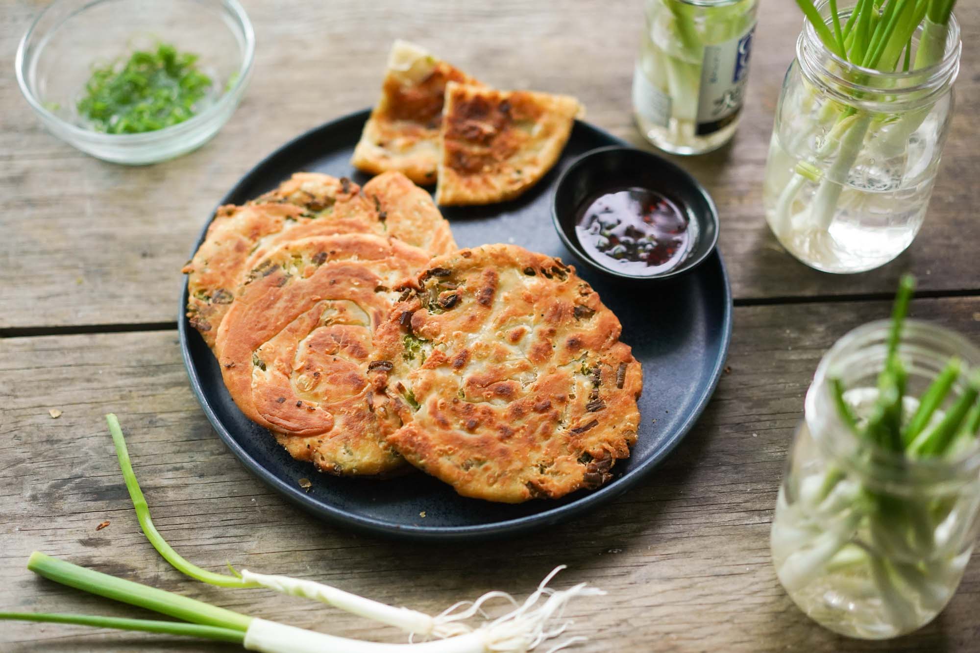scallion pancakes with dipping sauce
