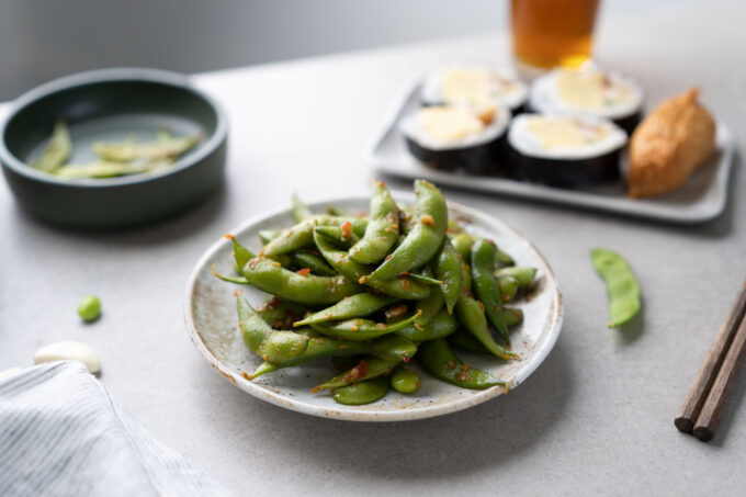 spicy edamame with chili, garlic, ginger