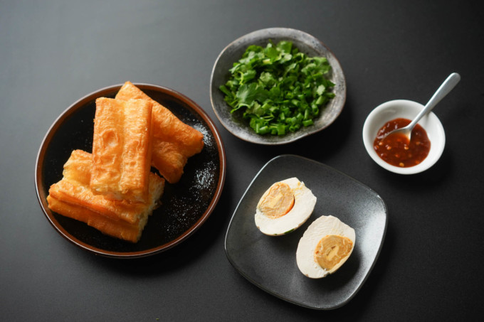 you tiao / chinese donut, herbs, salted duck egg, sambal paste
