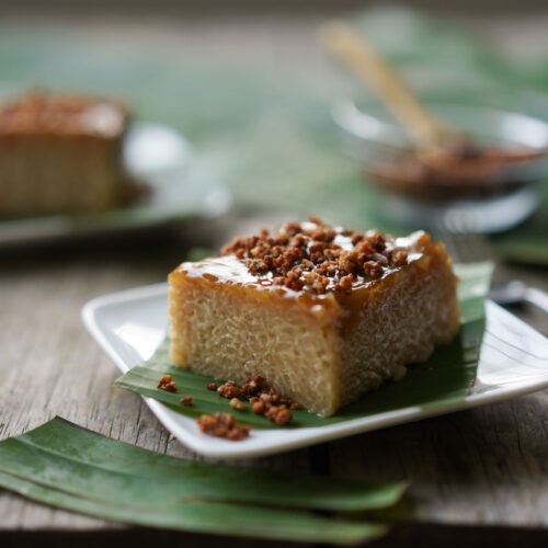 slice of biko on banana leaf and plate