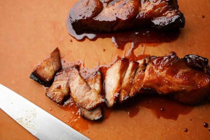 closeup of sliced char siu pork