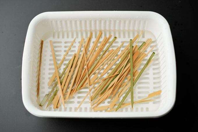 soaking bamboo skewers in water