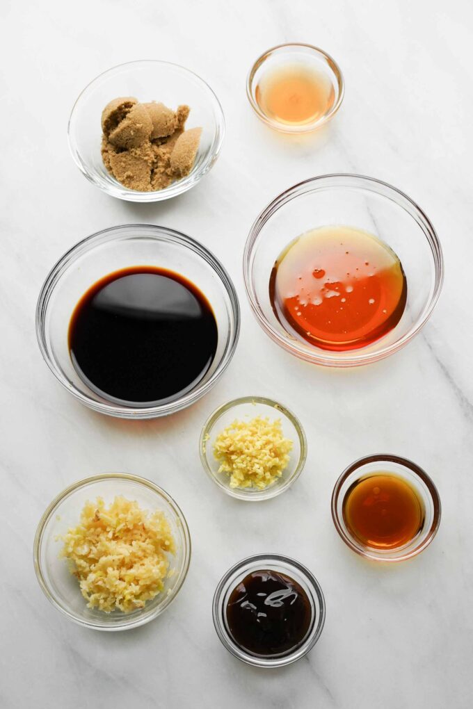 soy glaze ingredients in glass bowls