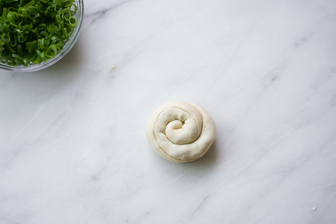 rolled and spiraled scallion pancake dough