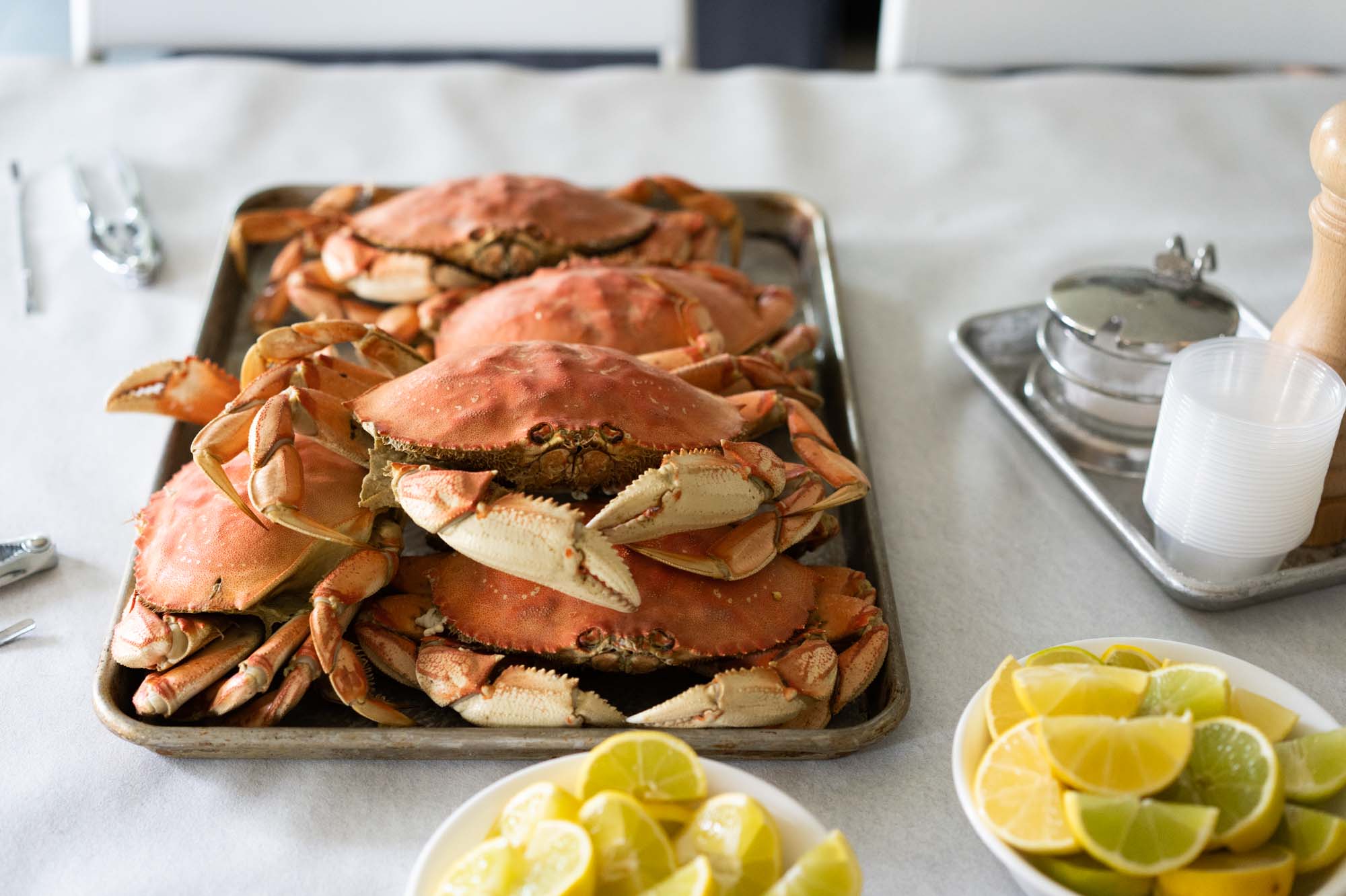 tray of steamed Dungeness crabs
