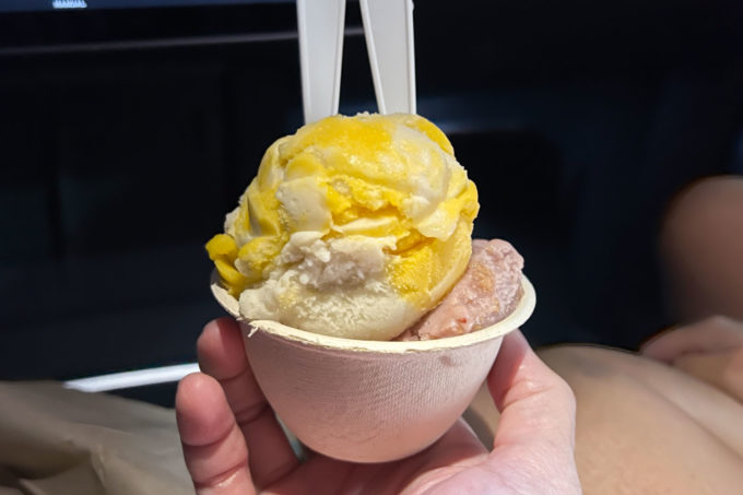 Stella Jean's mango sticky rice ice cream and strawberry