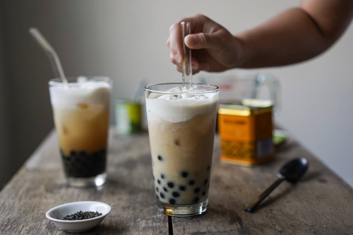 stirring boba milk tea