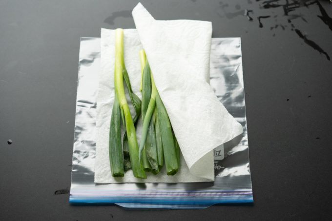 green onion on paper towel and plastic bag