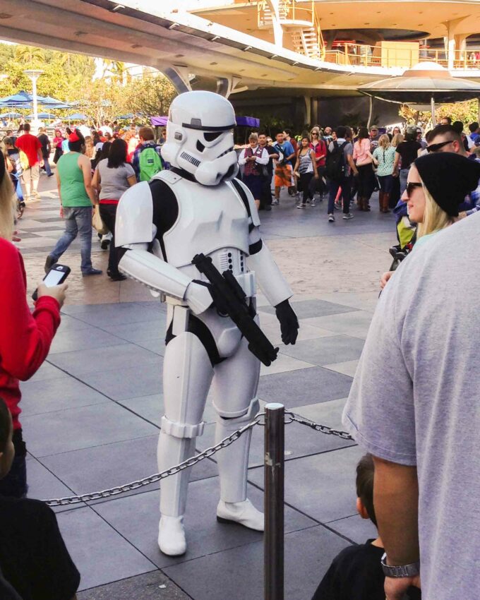 Disneyland Stormtrooper interrogating a customer