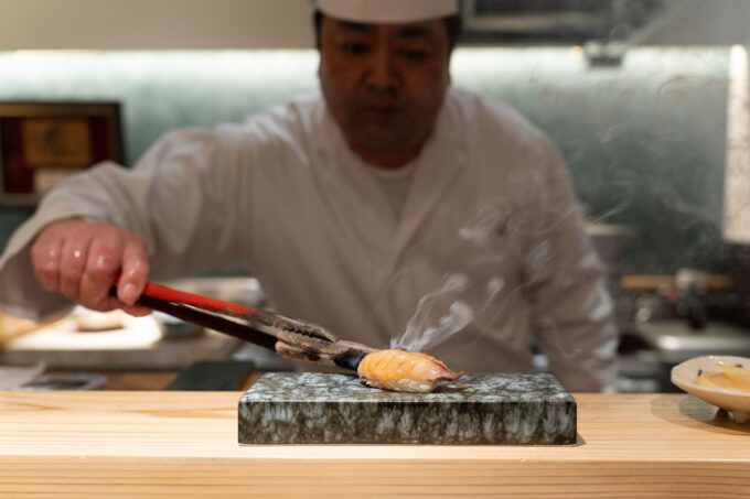 Sushi Sora - searing fish with charcoal