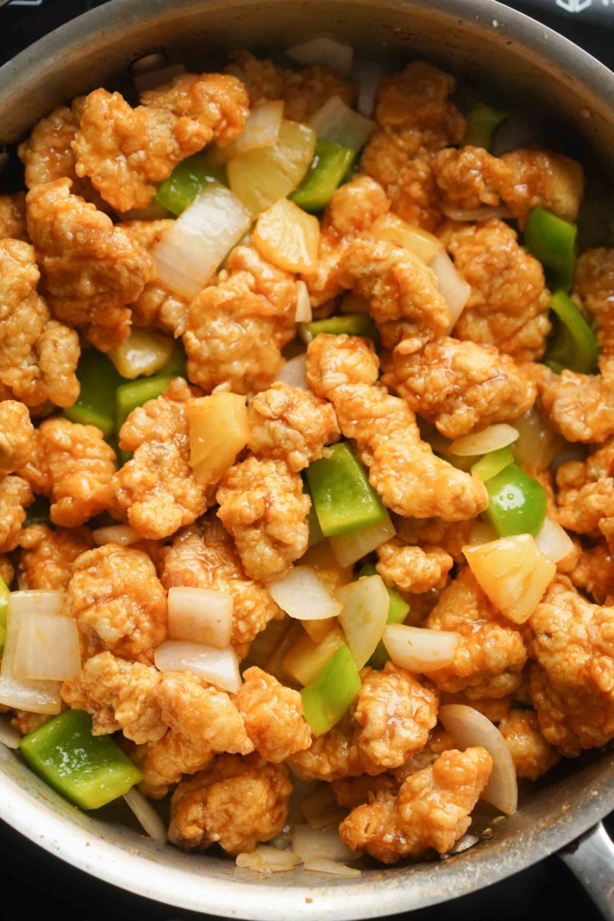 sweet and sour pork in a pan