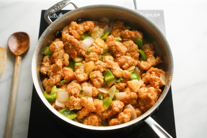 sweet and sour pork in a big pan