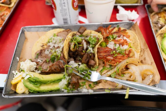 Taqueria Orinoco - three types of tacos with fixings on the side