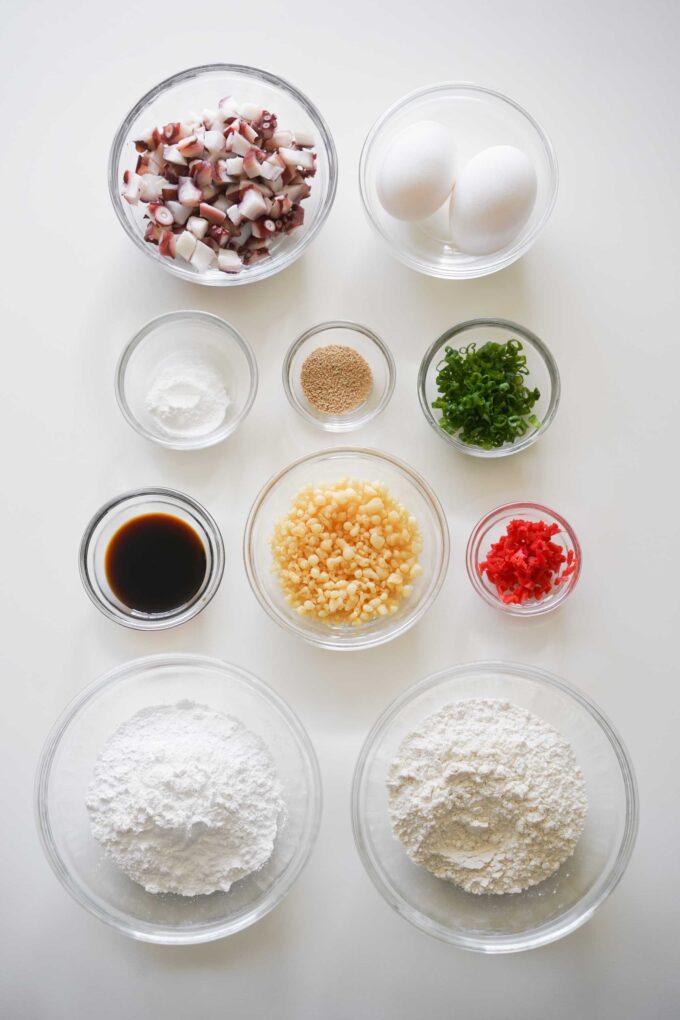 plates of individual takoyaki ingredients