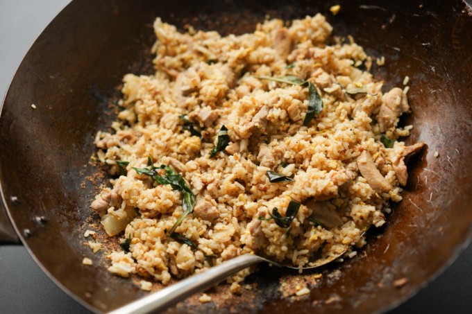 Thai basil fried rice in a wok