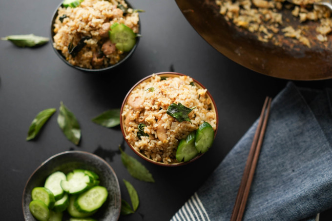 bowls of Thai fried rice with cucumber