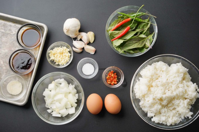 Thai fried rice ingredients in bowls