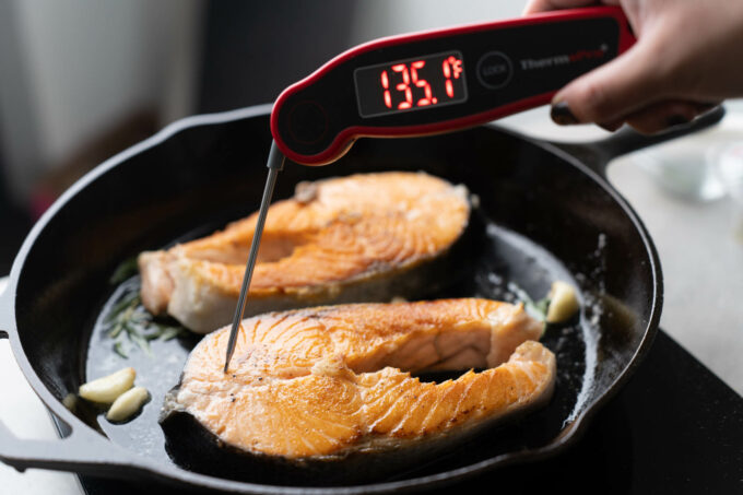 thermometer in salmon steak