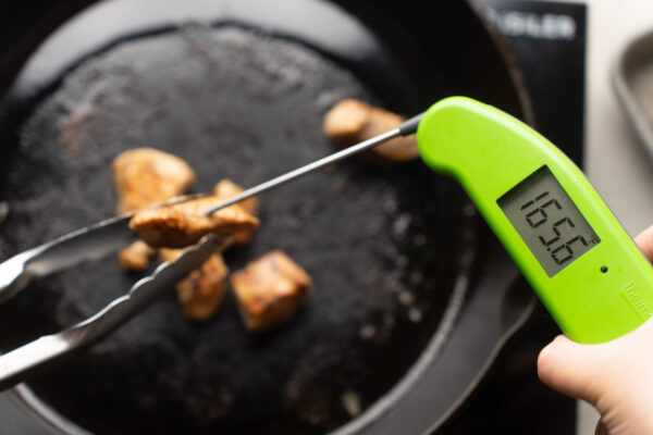 instant read thermometer in chicken bite