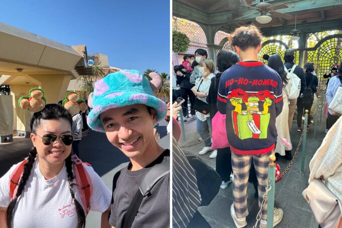 fuzzy hats at Tokyo Disney and standing in line