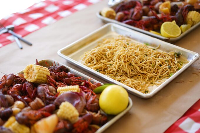 aluminum tray of homemade garlic noodles