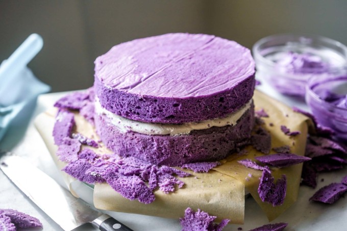 trimming sides of ube cake to align