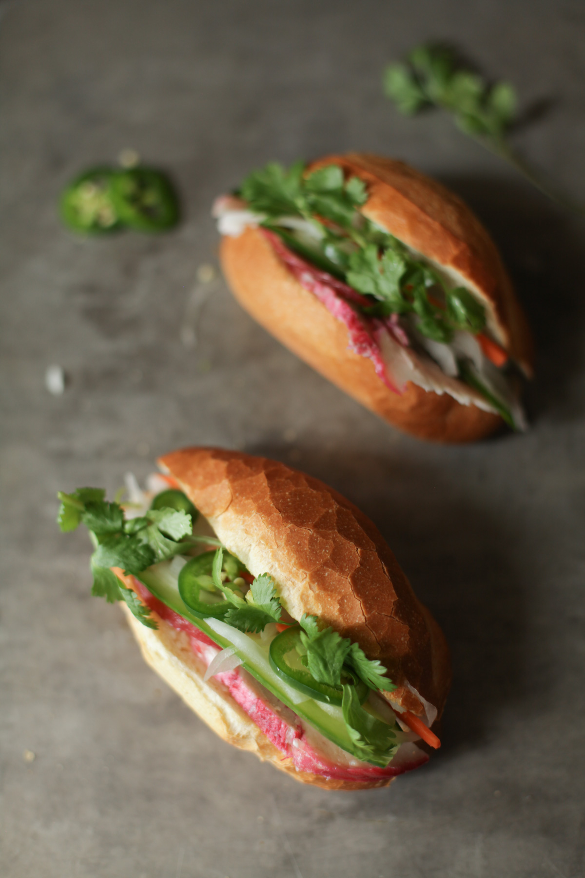 two mini banh mi sandwiches