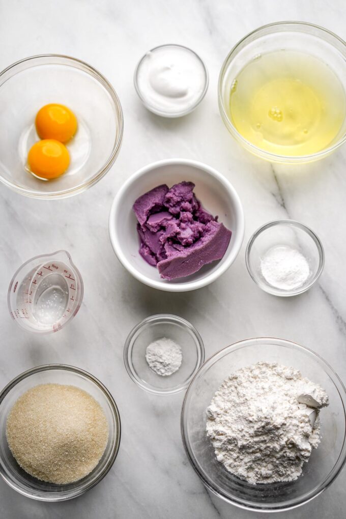 ube cake ingredients in bowls