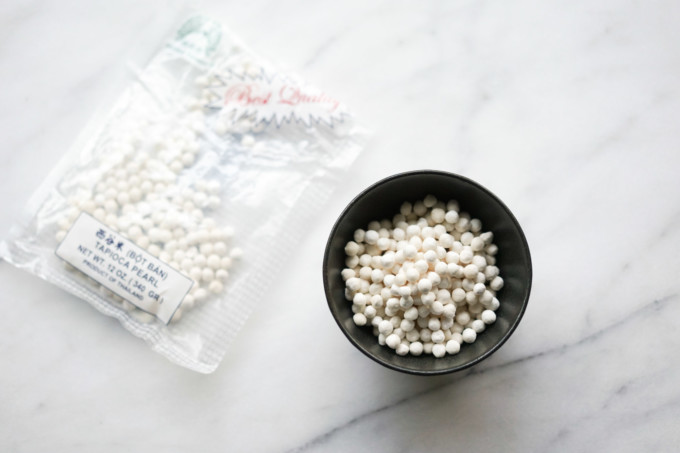 bag and bowl of white tapioca pearls