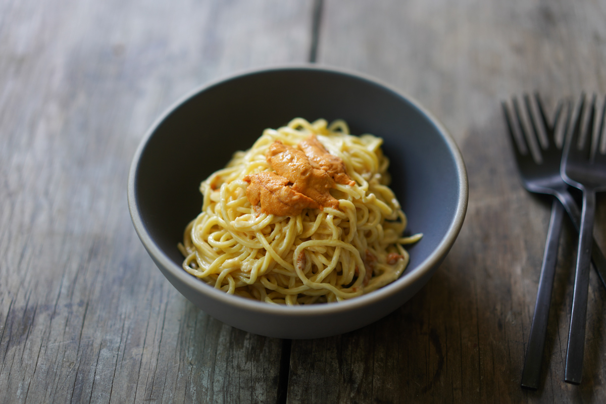 bowl of uni pasta, closeup