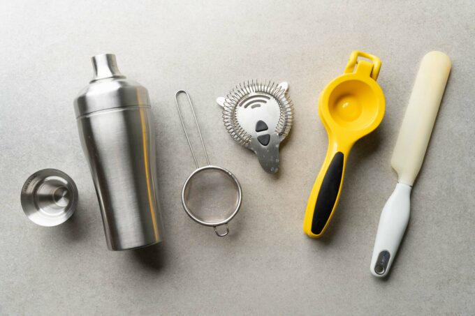 bar tools: shaker, strainers, citrus press, spatula