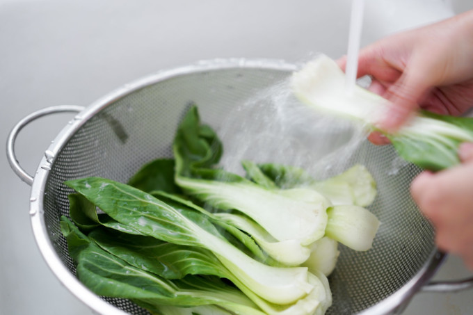 washing bok choy in the sink