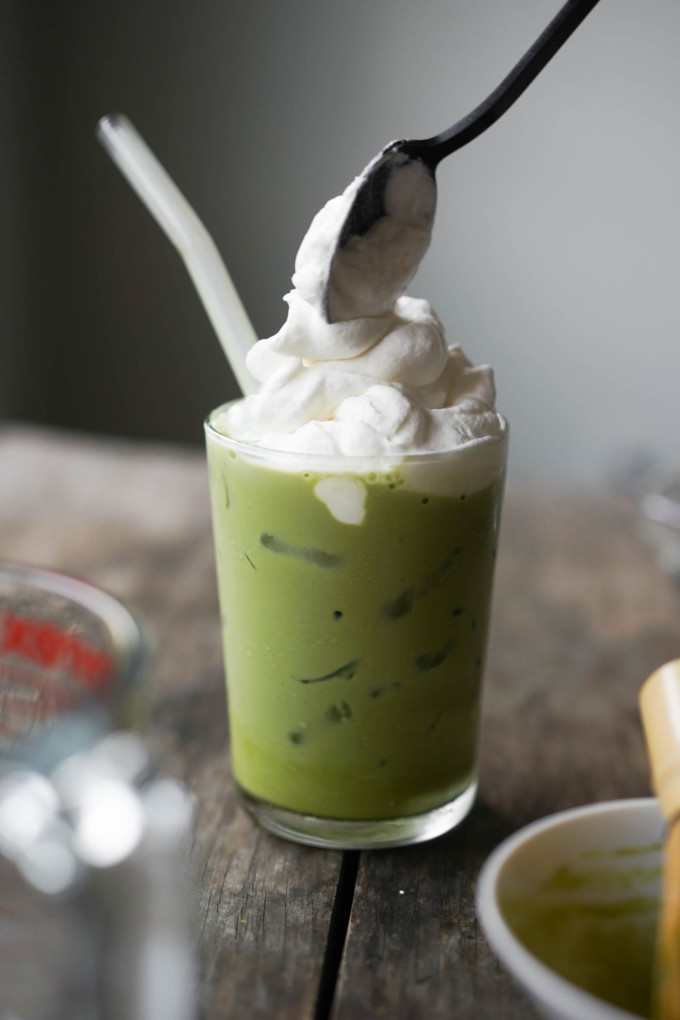 iced matcha latte with whipped cream