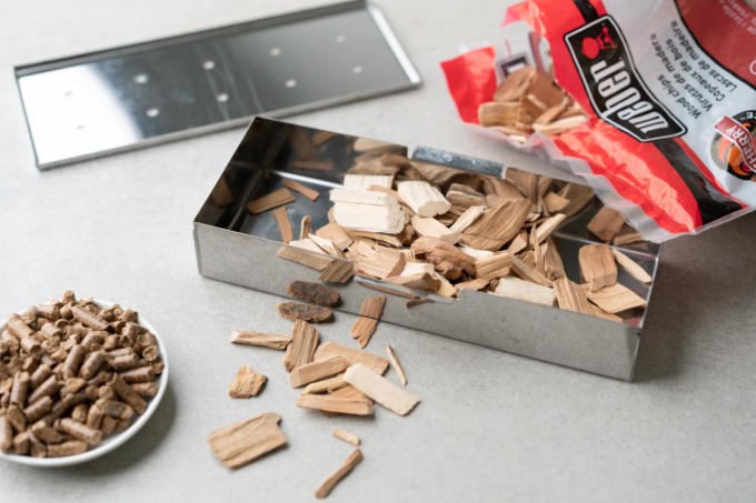 wood chips, pellets, and smoker box